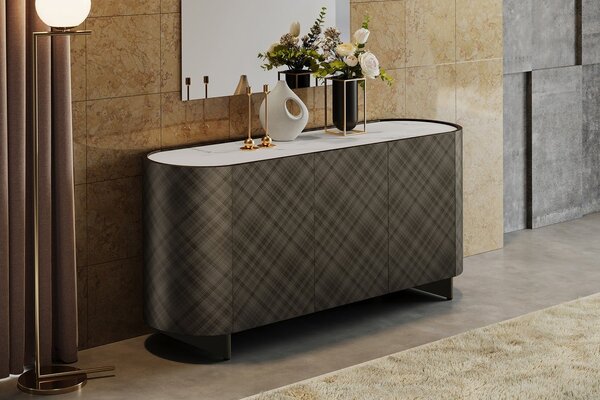 Estila Luxusný oválny art deco antracitový sivý trojdverový príborník Monac s vrchnou bielou mramorovou doskou 150 cm