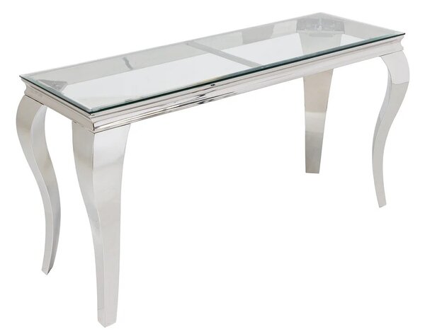 Estila Luxusný glamour konzolový stolík Modern Barock s chrómovou konštrukciou a doskou z hnedého masívneho dreva a skla 145 cm