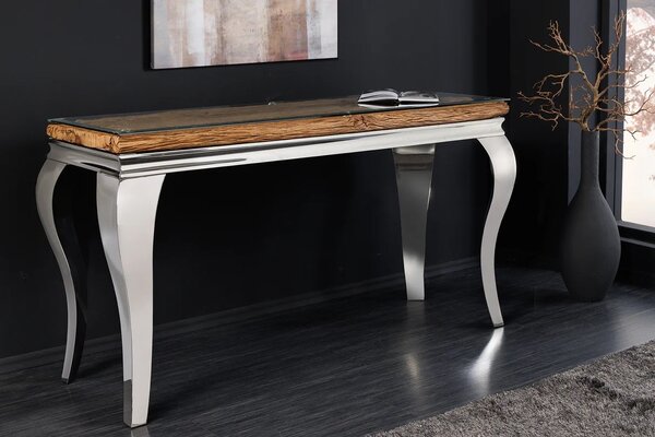 Estila Luxusný glamour konzolový stolík Modern Barock s chrómovou konštrukciou a doskou z hnedého masívneho dreva a skla 145 cm