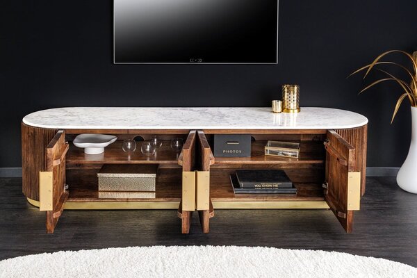 Estila Luxusný art deco oválny štvordverový TV stolík Gatsby z hnedého masívu s drážkovaným reliéfom a bielou mramorovou doskou 170 cm