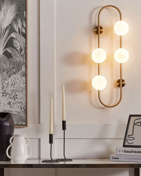 Nástenná lampa zlatá kov železo 70 cm so 4 sklenenými svietidlami moderný dizajn guľaté tienidlá moderné osvetlenie