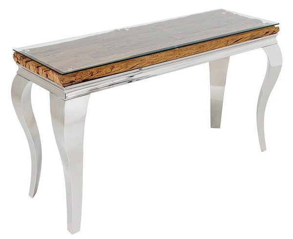 Estila Luxusný glamour konzolový stolík Modern Barock s chrómovou konštrukciou a doskou z hnedého masívneho dreva a skla 145 cm