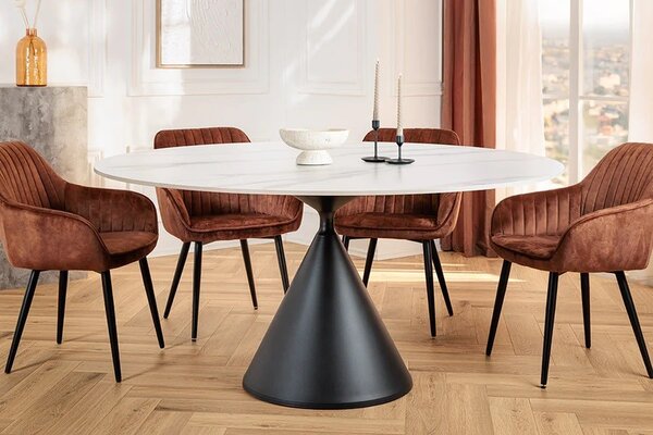 Estila Dizajnový moderný okrúhly jedálenský stôl Eskarina s bielou mramorovou doskou z keramiky a čiernou geometrickou nohou 135 cm
