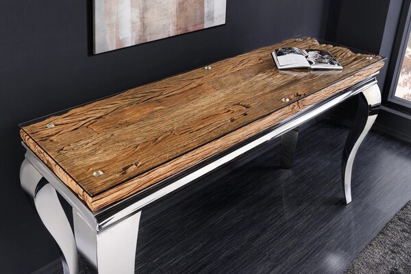 Estila Luxusný glamour konzolový stolík Modern Barock s chrómovou konštrukciou a doskou z hnedého masívneho dreva a skla 145 cm