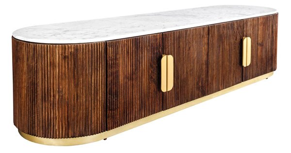 Estila Luxusný art deco oválny štvordverový TV stolík Gatsby z hnedého masívu s drážkovaným reliéfom a bielou mramorovou doskou 170 cm