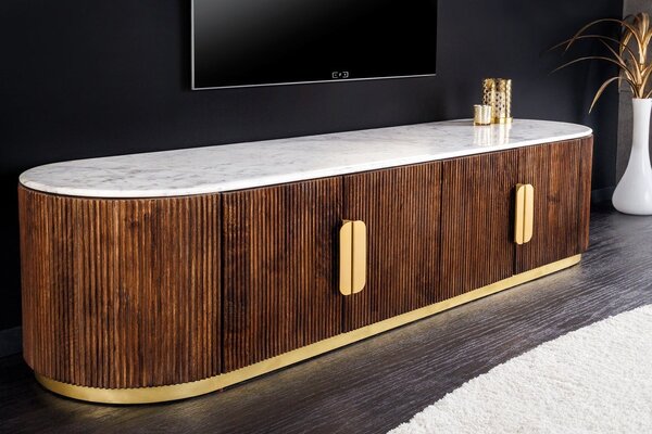 Estila Luxusný art deco oválny štvordverový TV stolík Gatsby z hnedého masívu s drážkovaným reliéfom a bielou mramorovou doskou 170 cm