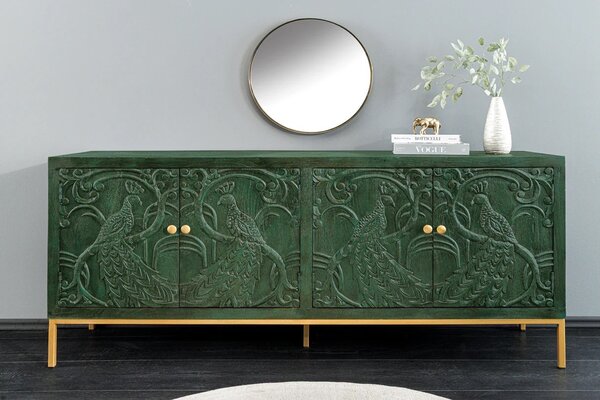 Estila Art deco štvordverový obdĺžnikový zelený príborník Birdy z mangového dreva s vyrezávanými pávmi a zlatými nožičkami 175 cm
