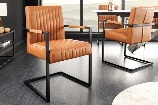 Estila Industriálna jedálenská stolička Inspirativo s retro hnedým koňakovým koženým poťahom a čiernou konzolovou konštrukciou 88 cm