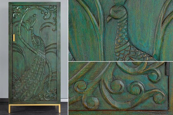 Estila Orientálna obdĺžniková art deco barová skrinka Birdy zo zeleného mangového dreva s vyrezávaným pávom a zlatými nožičkami 166 cm