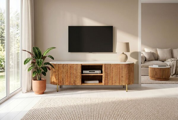 Estila Art deco hnedý oválny TV stolík Celestia z mangového dreva s bielou mramorovou doskou so zlatými úchytkami 140 cm