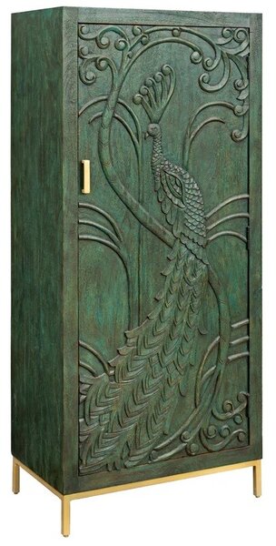 Estila Orientálna obdĺžniková art deco barová skrinka Birdy zo zeleného mangového dreva s vyrezávaným pávom a zlatými nožičkami 166 cm
