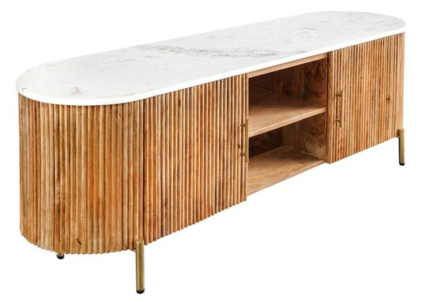Estila Art deco hnedý oválny TV stolík Celestia z mangového dreva s bielou mramorovou doskou so zlatými úchytkami 140 cm