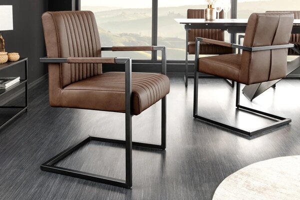 Estila Industriálna retro hnedá kožená prešívaná konzolová jedálenská stolička Inspirativo s čiernou kovovou konštrukciou 88 cm
