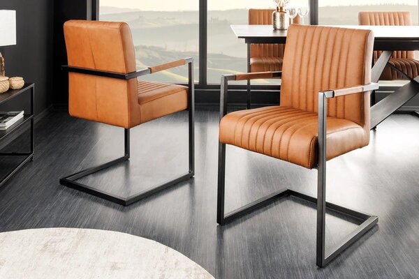 Estila Industriálna jedálenská stolička Inspirativo s retro hnedým koňakovým koženým poťahom a čiernou konzolovou konštrukciou 88 cm