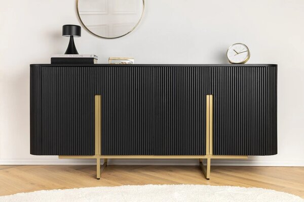 Estila Art deco obdĺžniková komoda Gatsby z čierneho mangového dreva s lamelami s dvomi dvierkami so zlatými úchytkami 160 cm