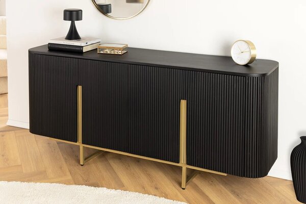 Estila Art deco obdĺžniková komoda Gatsby z čierneho mangového dreva s lamelami s dvomi dvierkami so zlatými úchytkami 160 cm
