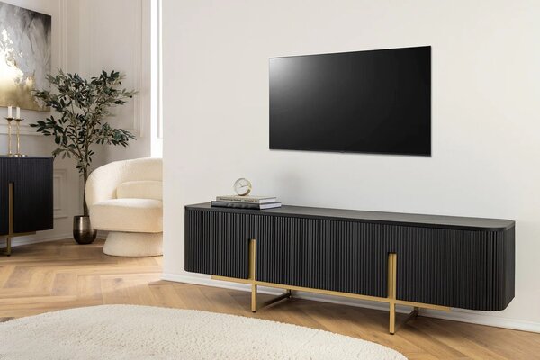 Estila Art deco obdĺžnikový štvordverový TV stolík Gatsby z čierneho mangového dreva s lamelami so zlatými úchytkami a nožičkami 160 cm