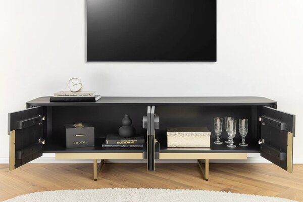Estila Art deco obdĺžnikový štvordverový TV stolík Gatsby z čierneho mangového dreva s lamelami so zlatými úchytkami a nožičkami 160 cm