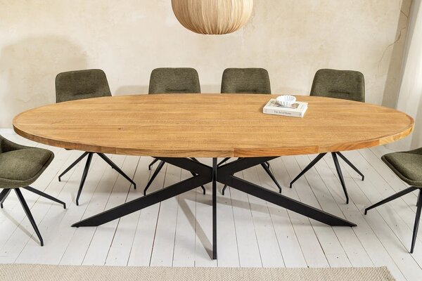 Estila Industriálny oválny hnedý jedálenský stôl Comedor z masívneho mangového dreva s čiernymi prekríženými kovovými nohami 240 cm