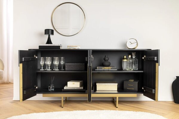 Estila Art deco obdĺžniková komoda Gatsby z čierneho mangového dreva s lamelami s dvomi dvierkami so zlatými úchytkami 160 cm