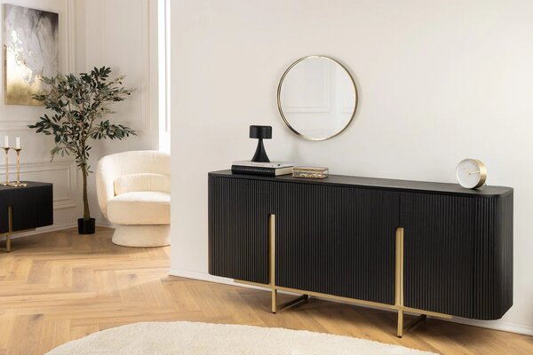 Estila Art deco obdĺžniková komoda Gatsby z čierneho mangového dreva s lamelami s dvomi dvierkami so zlatými úchytkami 160 cm