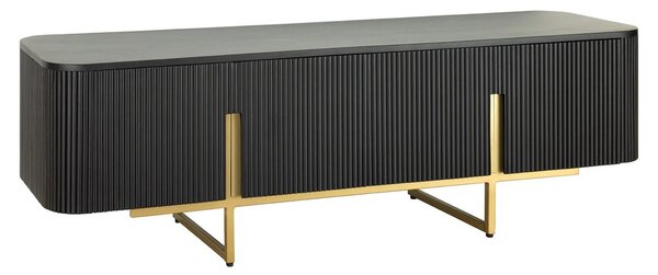 Estila Art deco obdĺžnikový štvordverový TV stolík Gatsby z čierneho mangového dreva s lamelami so zlatými úchytkami a nožičkami 160 cm