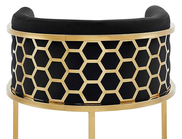 Estila Art deco barová stolička Ariande so zamatovým čiernym poťahom a zlatou kovovou konštrukciou 88 cm
