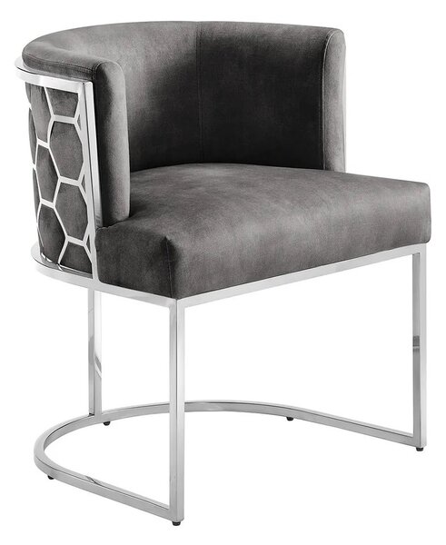 Estila Art deco jedálenská stolička Leara so sivým zamatovým poťahom a striebornou kovovou konštrukciou so vzorom medového plátu 75 cm