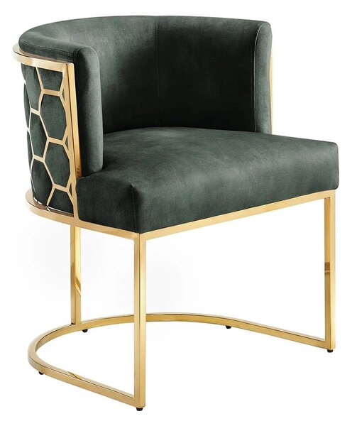 Estila Art deco jedálenská stolička Leara so zeleným zamatovým poťahom a zlatou konštrukciou s dizajnom šesťuholníkov 64 cm