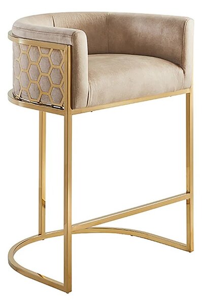 Estila Art deco barová stolička Ariande so zamatovým béžovým poťahom a zlatou kovovou konštrukciou 88 cm