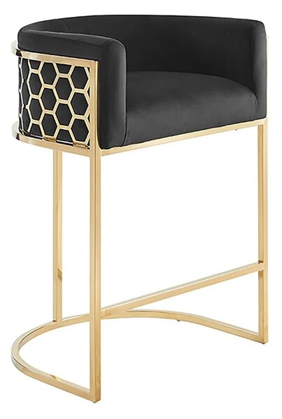 Estila Art deco barová stolička Ariande so zamatovým čiernym poťahom a zlatou kovovou konštrukciou 88 cm
