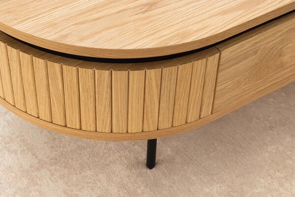 Estila Moderný art deco oválny konferenčný stolík Maderia s dvomi zásuvkami a lamelovým reliéfom v dubovej hnedej farbe 120 cm