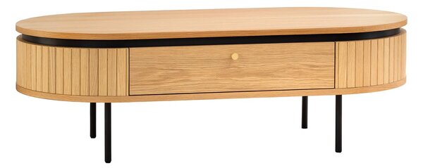 Estila Moderný art deco oválny konferenčný stolík Maderia s dvomi zásuvkami a lamelovým reliéfom v dubovej hnedej farbe 120 cm
