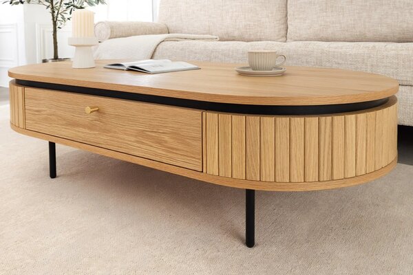 Estila Moderný art deco oválny konferenčný stolík Maderia s dvomi zásuvkami a lamelovým reliéfom v dubovej hnedej farbe 120 cm