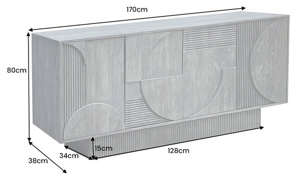 Estila Moderný art deco svetlý hnedý príborník Sonia z bieleného mangového dreva so štyrmi dvierkami s geometrickým reliéfom 170 cm