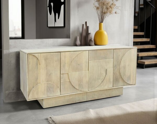 Estila Moderný art deco svetlý hnedý príborník Sonia z bieleného mangového dreva so štyrmi dvierkami s geometrickým reliéfom 170 cm