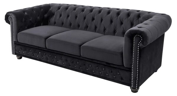 Estila Dizajnová zamatová čierna trojmiestna sedačka Maya s chesterfield prešívaním s okrúhlymi čiernymi nožičkami 205 cm