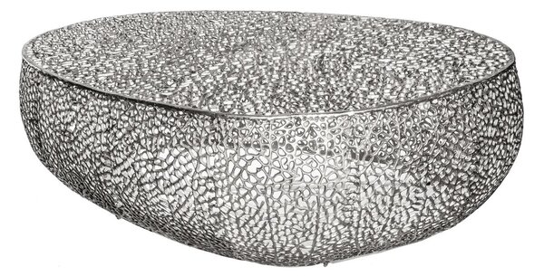 Dizajnový glamour asymetrický konferenčný stolík Hoja so vzdušným organickým vzorom z kovu v striebornej farbe 122 cm