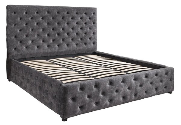 Estila Moderná čalúnená manželská posteľ Kreon s úložným priestorom a sivým zamatovým poťahom s chesterfield prešívaním 180 cm