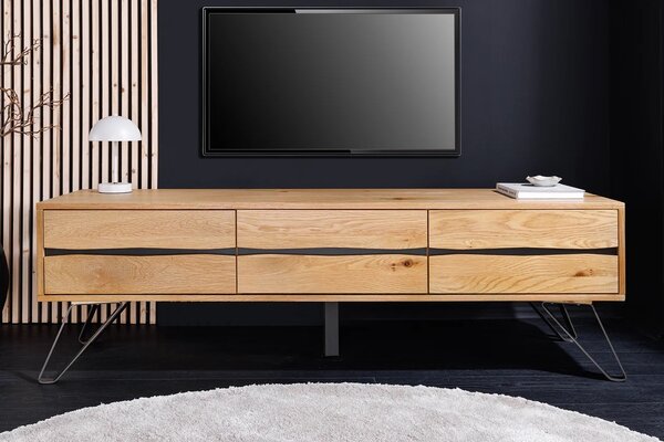 Estila Moderný dizajnový TV stolík Andala s tromi dvierkami v svetlom hnedom dubovom prevedení s čiernymi detailmi 160 cm