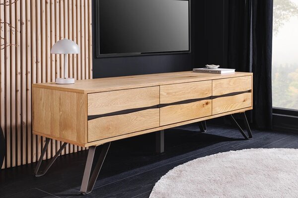 Estila Moderný dizajnový TV stolík Andala s tromi dvierkami v svetlom hnedom dubovom prevedení s čiernymi detailmi 160 cm