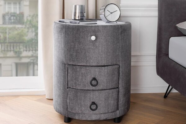 Estila Art deco dizajnový nočný stolík Aluro s dvomi zásuvkami so sivým zamatovým poťahom a okrúhlou bielou doskou s podvietením 55 cm