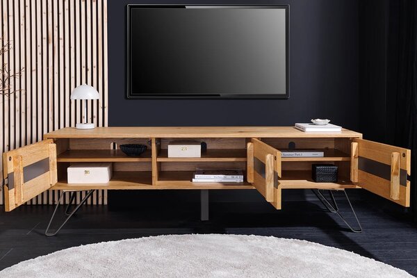 Estila Moderný dizajnový TV stolík Andala s tromi dvierkami v svetlom hnedom dubovom prevedení s čiernymi detailmi 160 cm