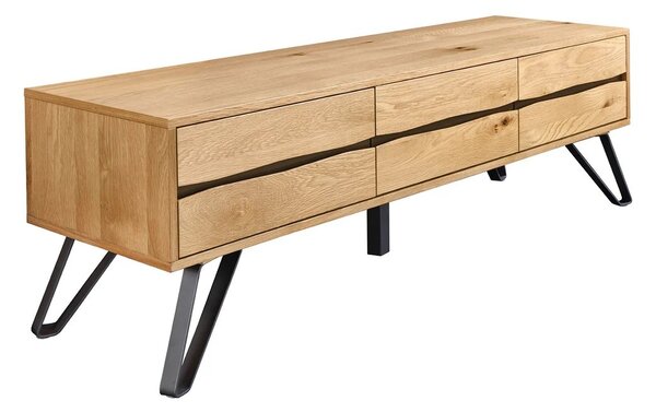 Estila Moderný dizajnový TV stolík Andala s tromi dvierkami v svetlom hnedom dubovom prevedení s čiernymi detailmi 160 cm