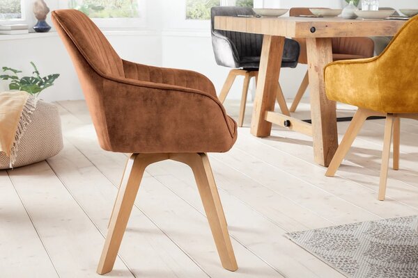 Estila Moderná dizajnová otočná jedálenská stolička Caballet s opierkami na ruky s hnedým zamatovým poťahom a bukovými nohami 62 cm