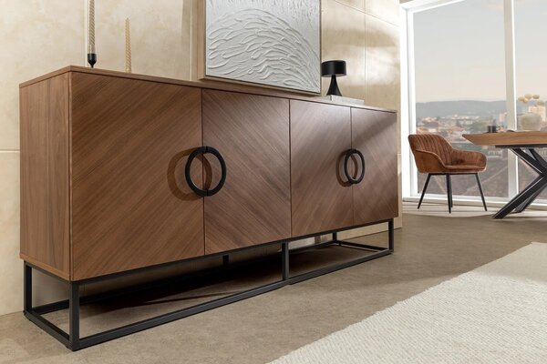 Estila Dizajnový art deco štvordverový príborník Arkline v orechovom hnedom prevedení s chevron vzorom s čiernymi detailmi 180 cm
