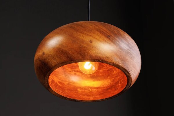 Estila Dizajnová moderná závesná lampa Fani z akáciového dreva v hnedej farbe so zaobleným tienidlom s detailami v zlatej farbe 135 cm
