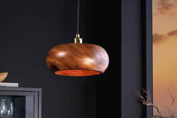 Estila Dizajnová moderná závesná lampa Fani z akáciového dreva v hnedej farbe so zaobleným tienidlom s detailami v zlatej farbe 135 cm