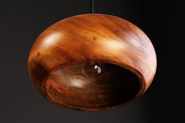 Estila Dizajnová moderná závesná lampa Fani z akáciového dreva v hnedej farbe so zaobleným tienidlom s detailami v zlatej farbe 135 cm