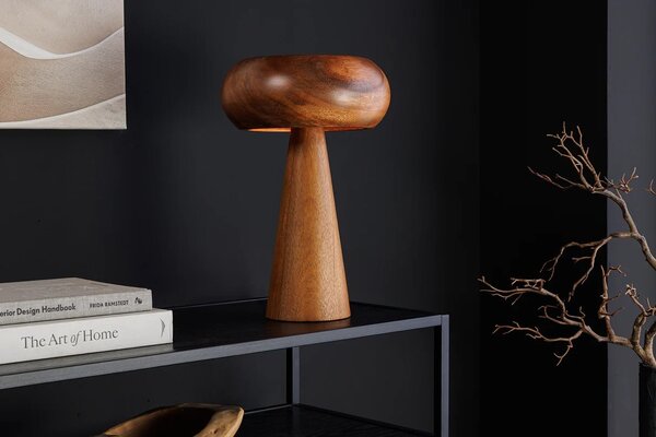 Estila Dizajnová okrúhla masívna stolná lampa Fungi z akáciového dreva v hnedej farbe s oblým tienidlom a kužeľovou podstavou 37 cm